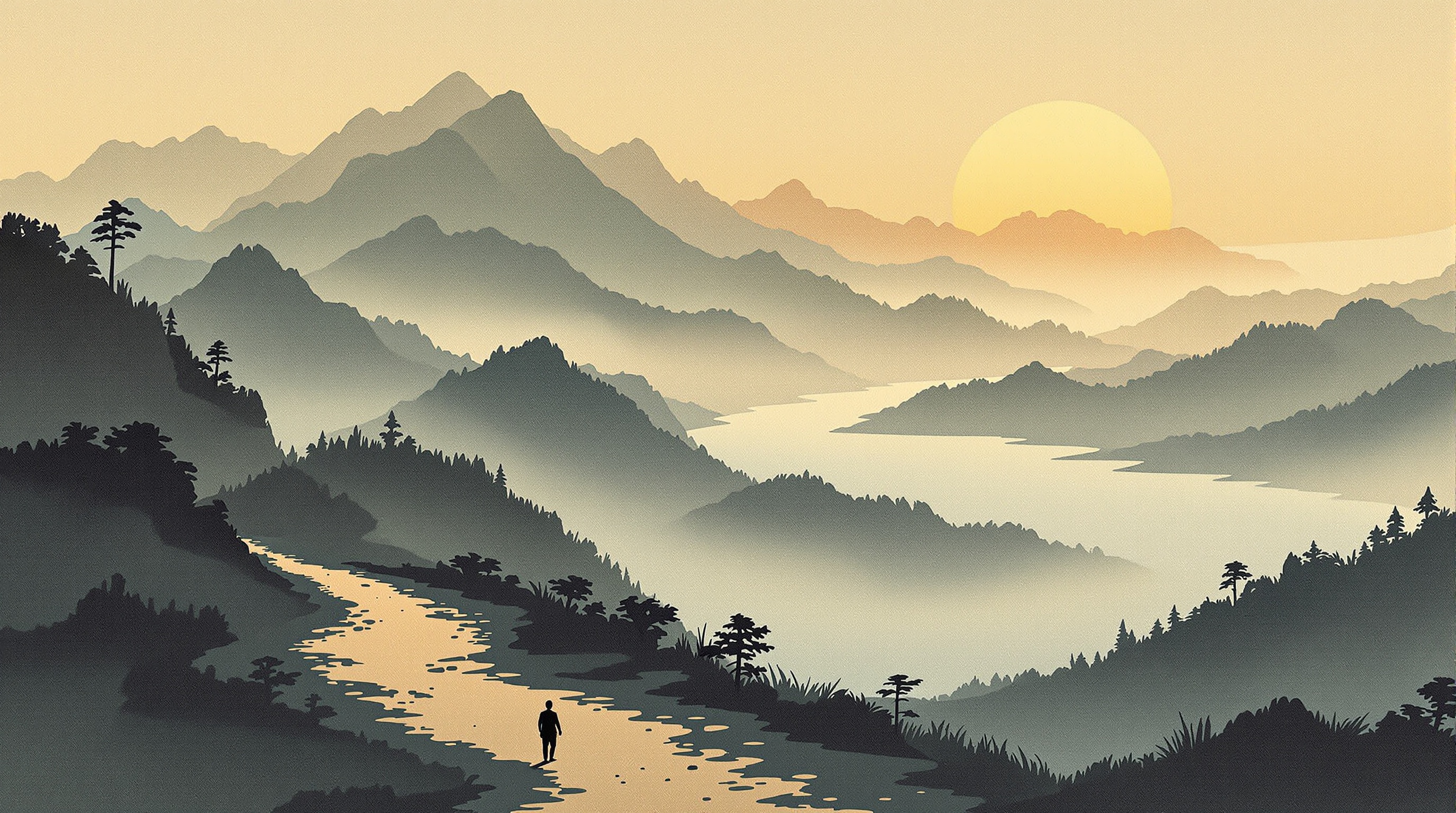 Sendero entre montañas brumosas hacia el amanecer — el camino